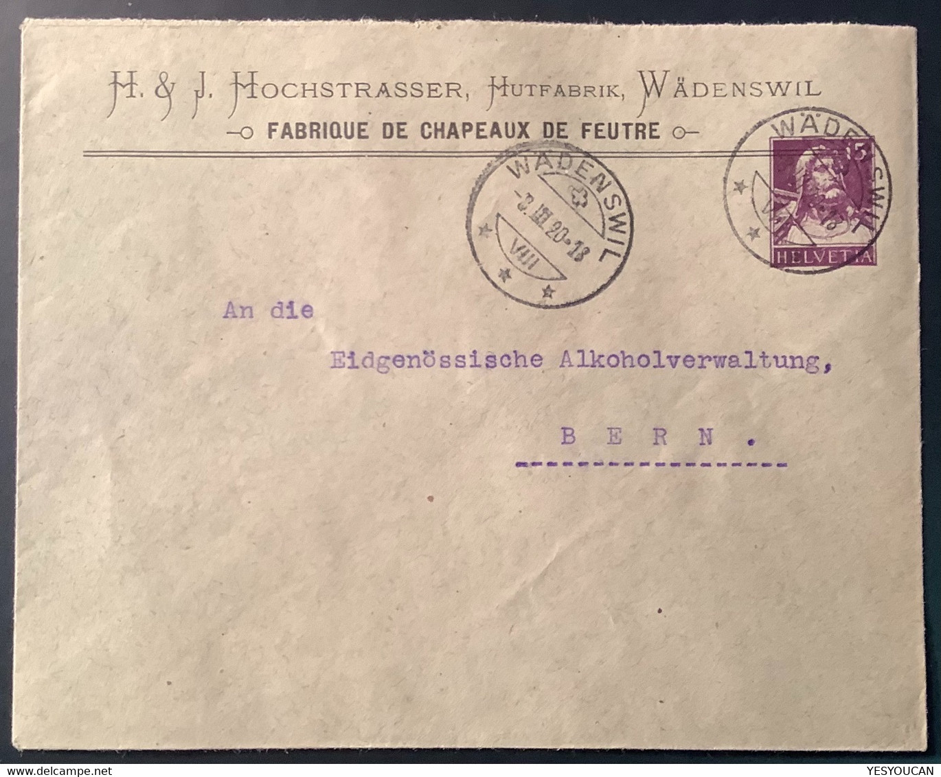 Privatganzsache HOCHSTRASSER HUTFABRIK WÄDENSWIL ZH 1920 Tell (Schweiz Chapeaux De Feutre Hut Mode Felt Hat - Entiers Postaux