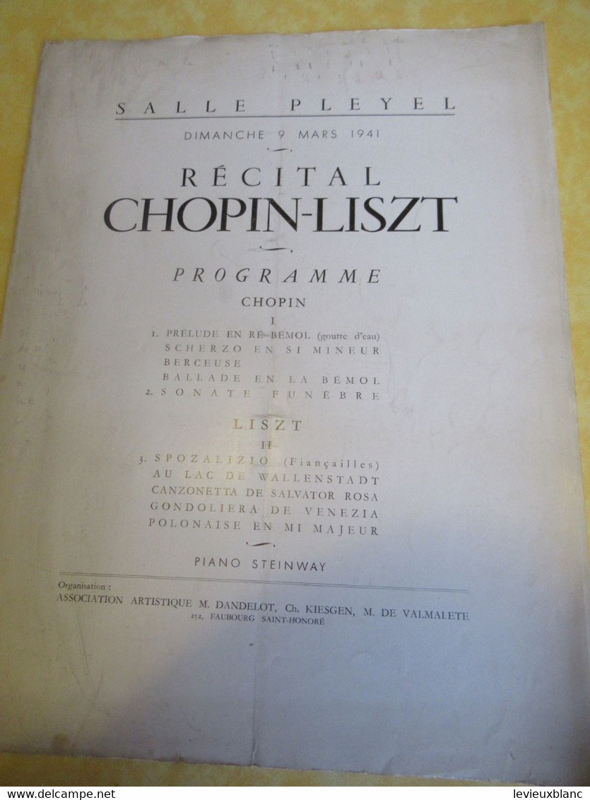 Programme Ancien/Salle PLEYEL/Récital CHOPIN-LISZT/ Walter RUMMEL/Piano Steinway/Dimanche 9 Mars 1941   PROG346 - Programmi