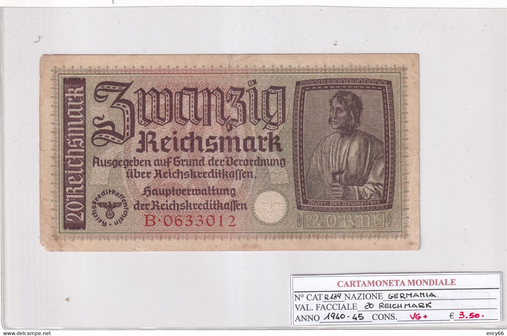 GERMANIA 20 REICHSMARK 1940  P R139 - 20 Reichsmark