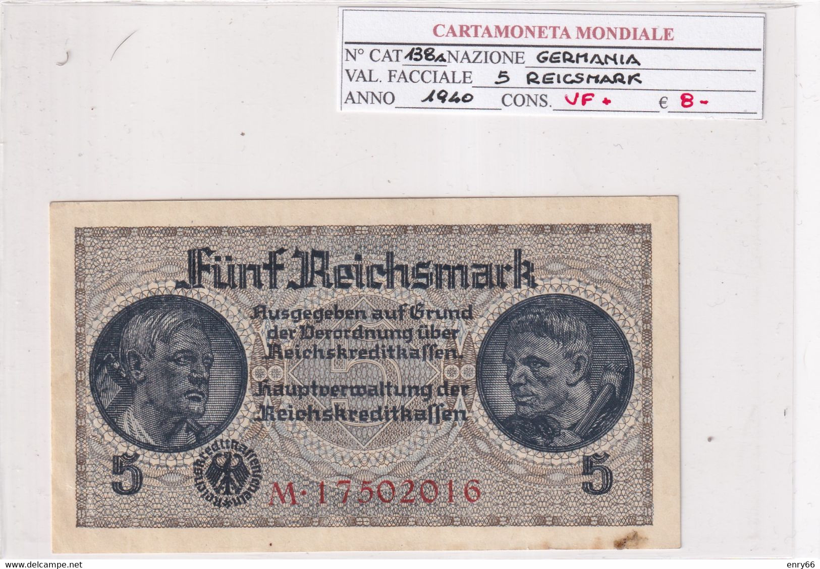 GERMANIA 5 REICHSMARK 1940  P 138A - 5 Reichsmark