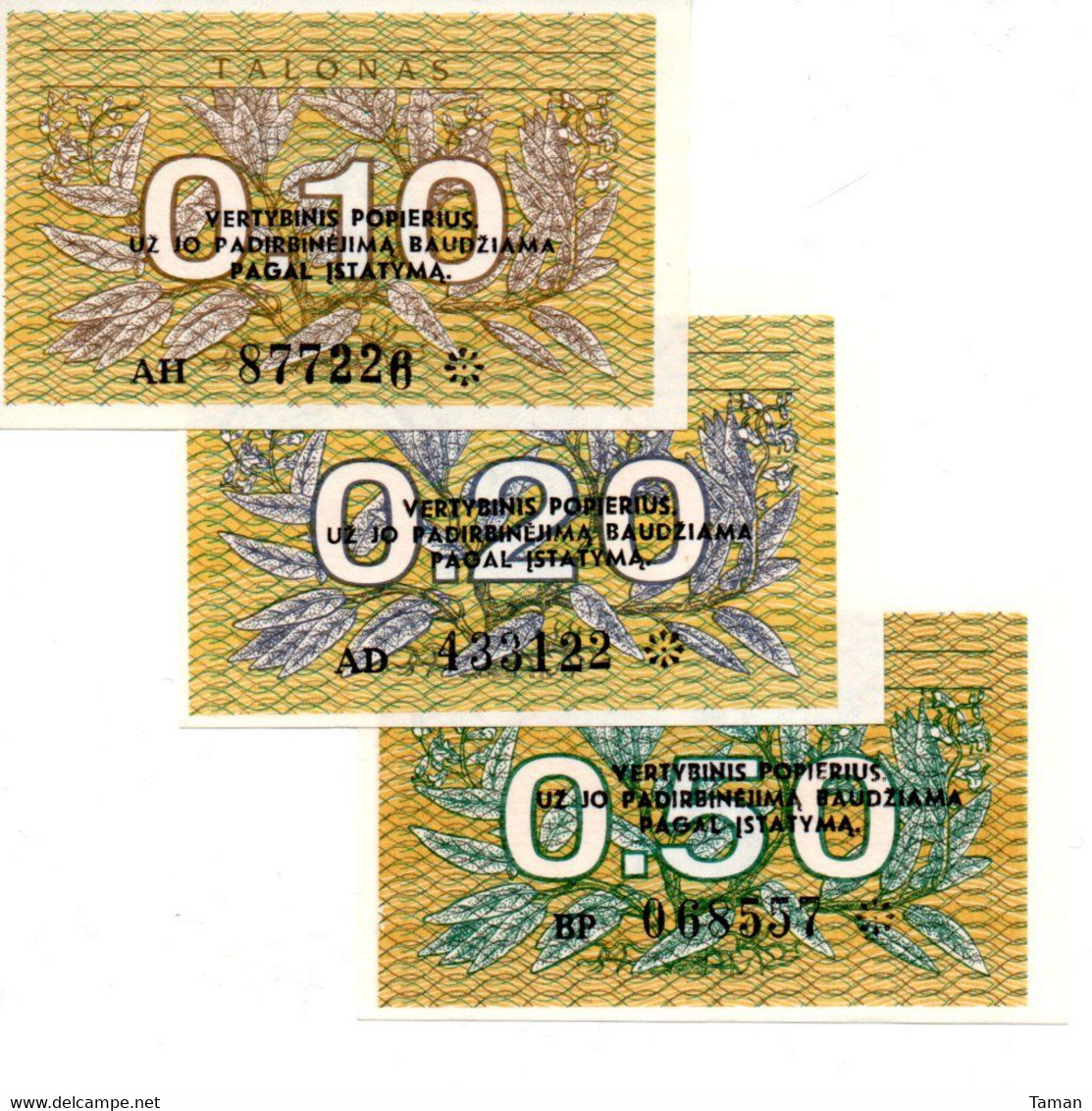 LITUANIE   -   Lot De 3  Billets : 0,10  0,20  Et  0,50 Talonas  1991    -- UNC -- - Lithuania