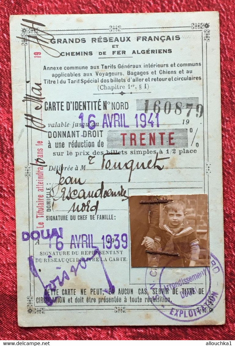 Rare :WW2-1939/41-Carte 30% Grands Réseaux Français Chemins De Fer Algériens Ticket Titre Transport-Billet Train-Railway - Europa