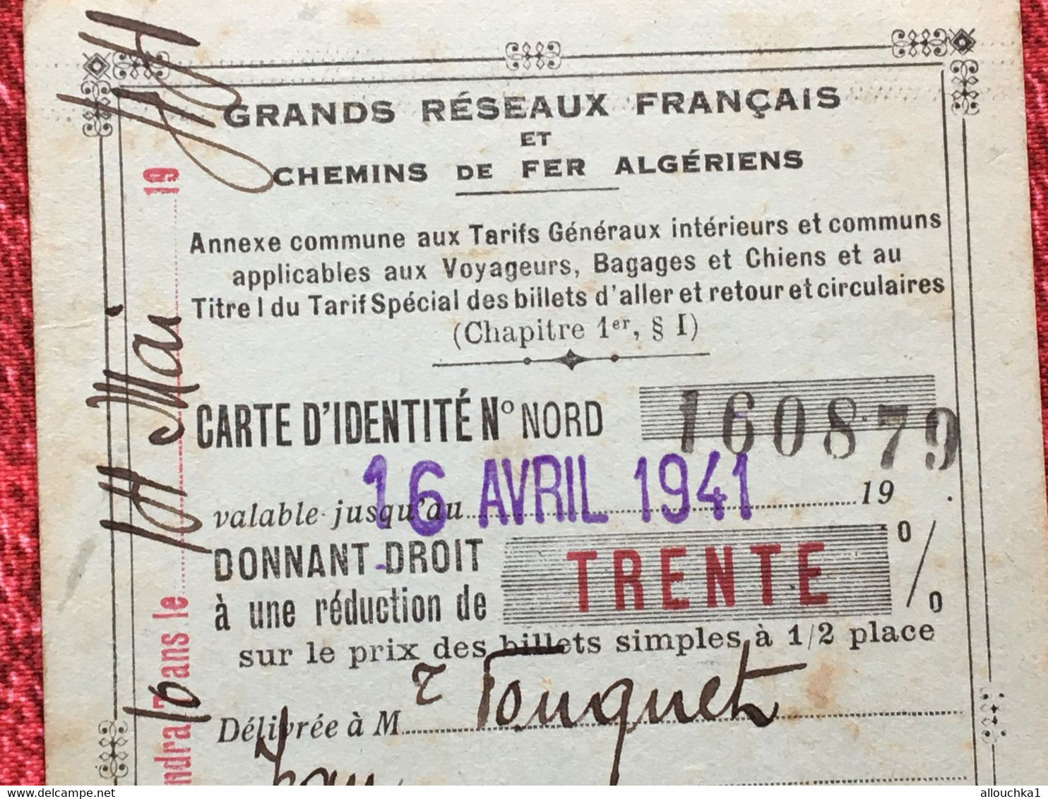 Rare :WW2-1939/41-Carte 30% Grands Réseaux Français Chemins De Fer Algériens Ticket Titre Transport-Billet Train-Railway - Europa