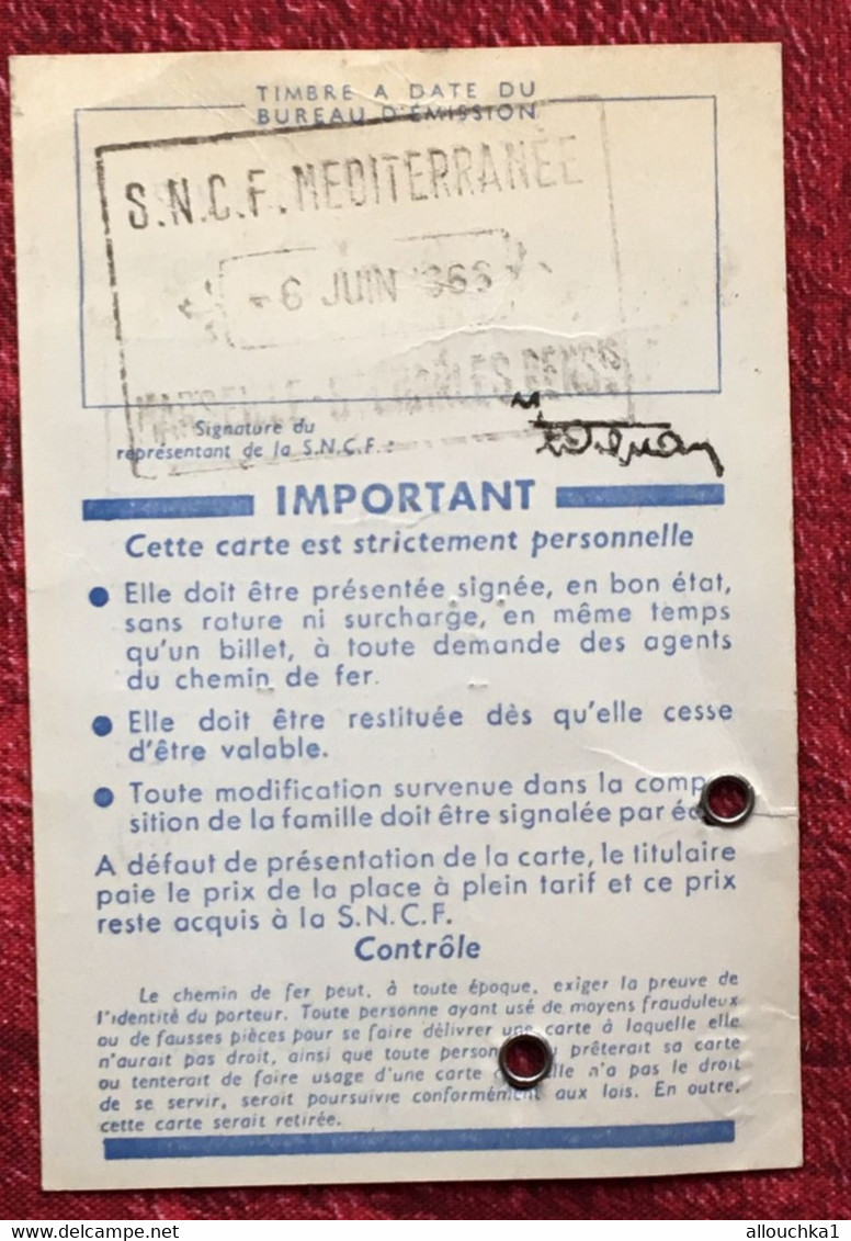 SNCF 1968-Carte 40% Famille Nombreuse Réseau Français Chemins De Fer Ticket Titre Transport-Billet Train-Railway-Marseil - Europa