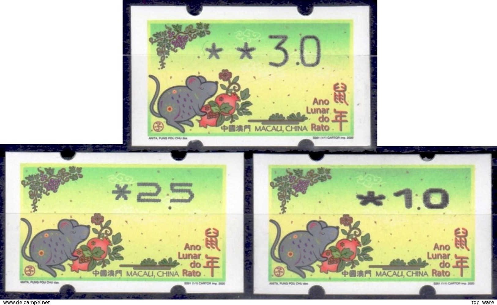 2020 China Macau ATM Stamps Ratte Maus Rat / Alle Drei Typen Klussendorf Nagler Newvision Automatenmarken Automatici - Distributors