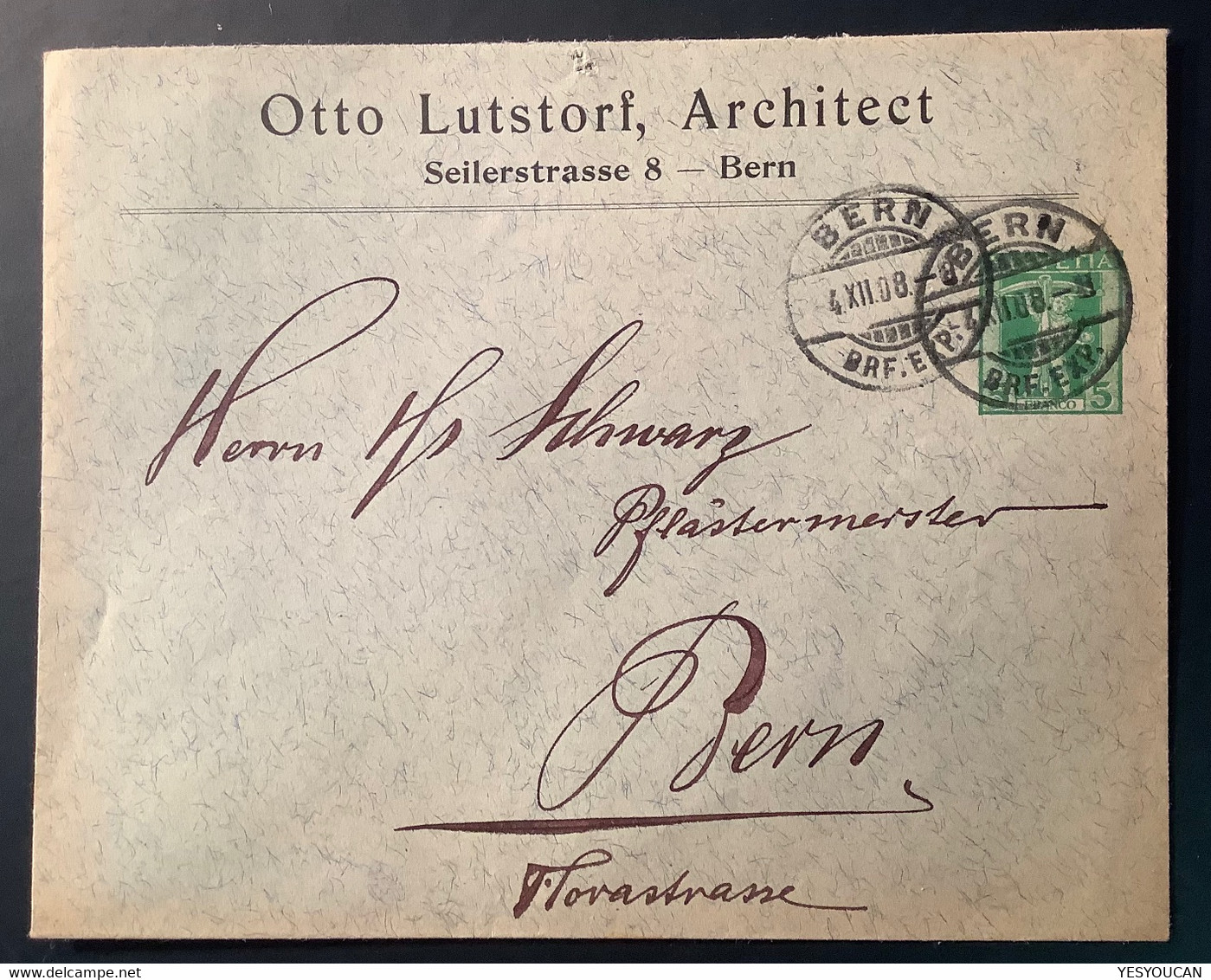 Privatganzsache OTTO LUTSTORF ARCHITECT BERN 1908 Tellknabe Umschlag (Schweiz  Architecture PTO Postal Stationery - Stamped Stationery