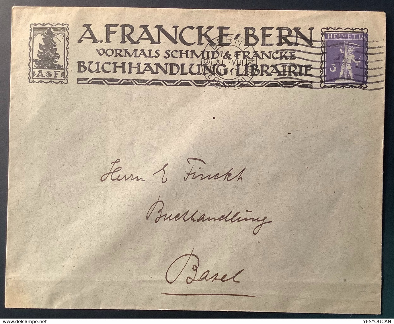 Privat-Ganzsache A.FRANCKE BUCHHANDLUNG LIBRAIRIE BERN 1917 Tellknabe (Schweiz Book Shop Fichte Baum Spruce Tree - Ganzsachen
