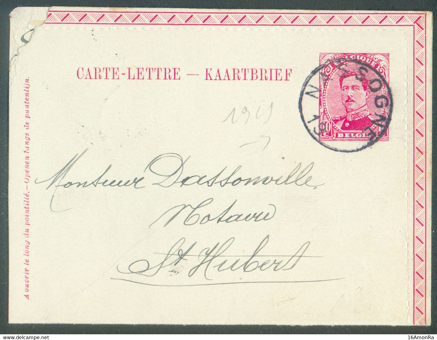 E.P. Carte 10c. Em. 1915 Obl. Sc NASSOGNE (centre Vide) Du 1-II-1919 Vers St-Hubert  - 20796 - Kartenbriefe