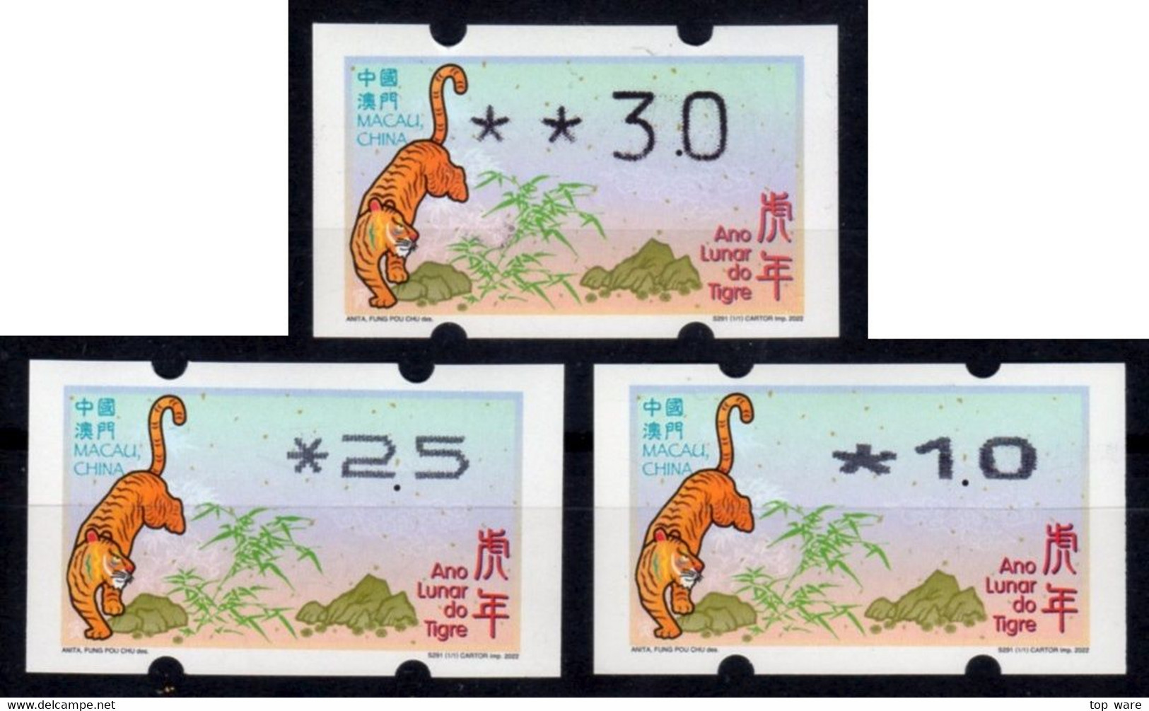 2022 China Macau ATM Stamps Tiger / MNH / Alle Drei Typen Klussendorf Nagler Newvision Automatenmarken Automatici - Automatenmarken