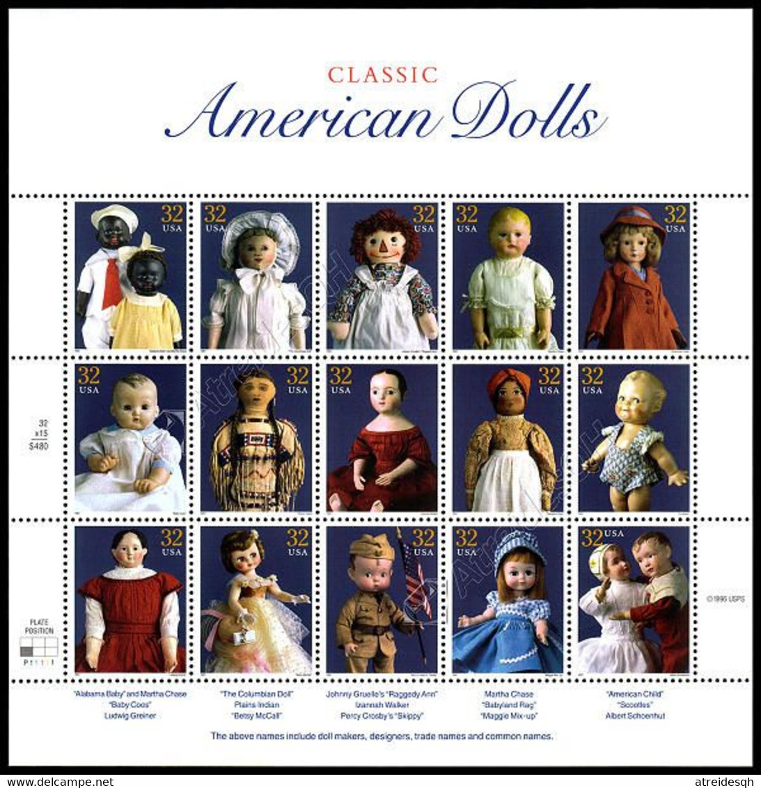 [Q] USA 1997: Minifoglio Bambole Classiche / Classic American Dolls Sheetlet ** - Puppen