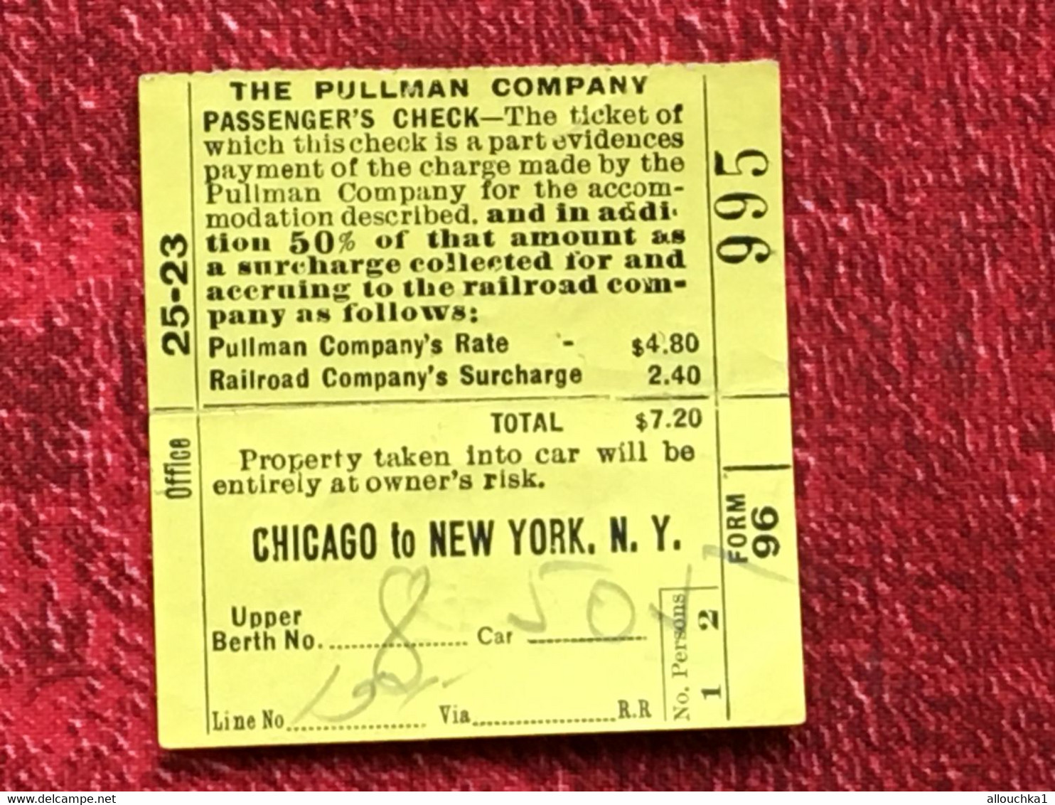 1922 Chicago To New-York N.Y.  Billet Ticket De Bus Pullman Company Titre De Transport-Passengers Check-Rail Road - World