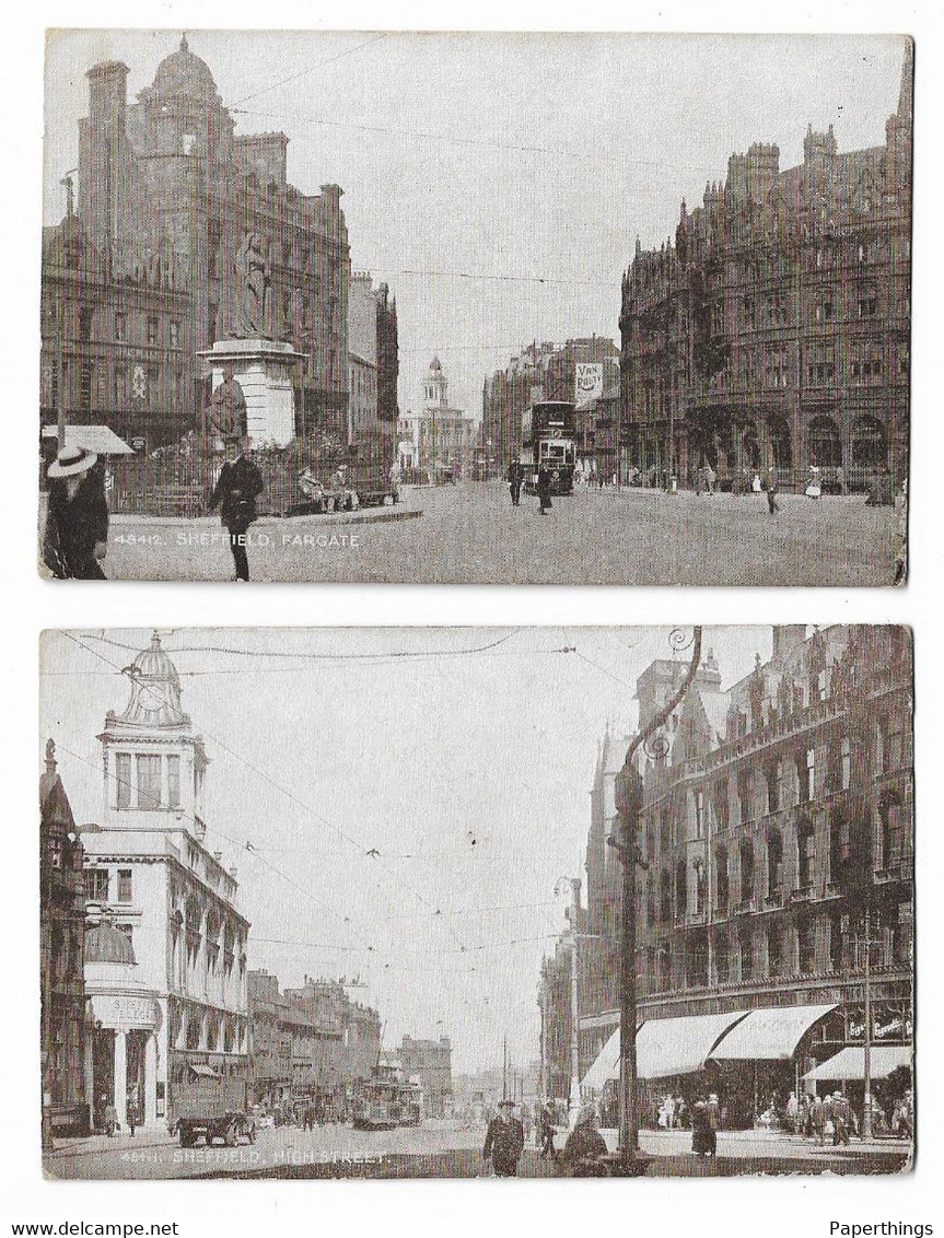 2 Postcards, Sheffield, High Street, Fargate, Road, Bus, Tram, Shops. - Sheffield