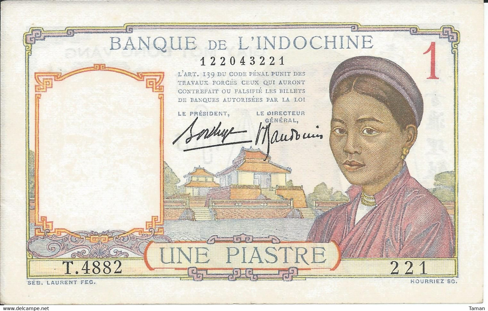 INDOCHINE  - 1  Piastre   Nd(1936)   -- UNC -- - Indochine