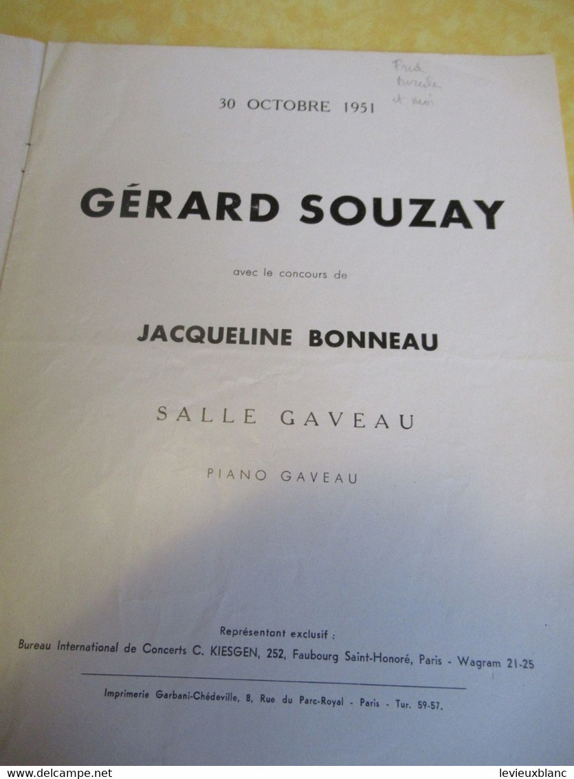 Programme Ancien/Salle GAVEAU/ Gérard SOUZAY / Jacqueline BONNEAU/Piano Gaveau//1951     PROG348 - Programmi