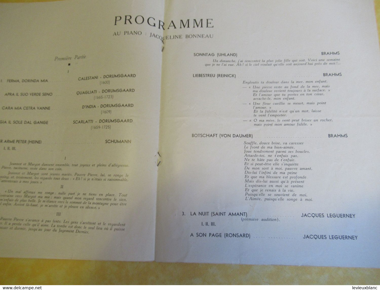 Programme Ancien/Salle GAVEAU/ Gérard SOUZAY / Jacqueline BONNEAU/Piano Gaveau//1951     PROG348 - Programmi