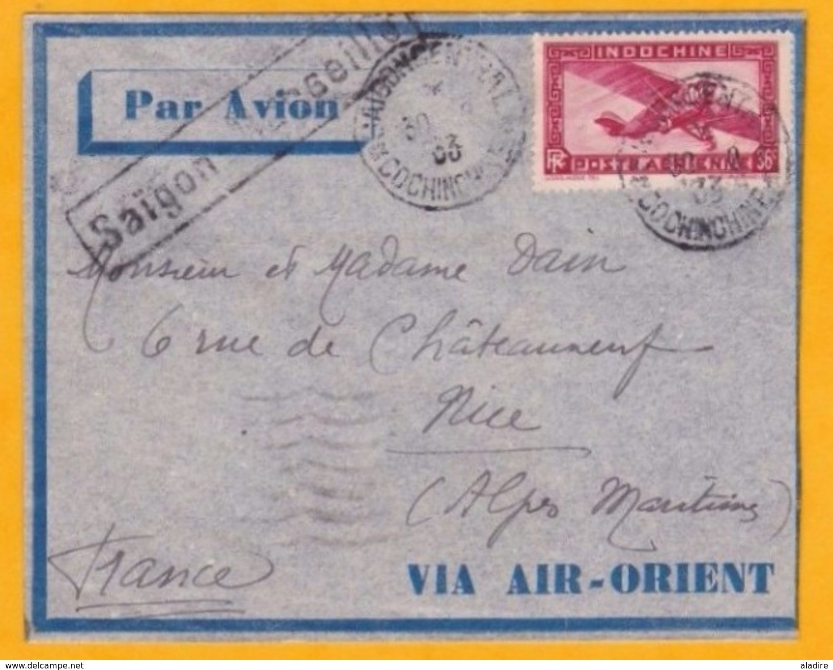 1933 - Enveloppe AIR ORIENT Par Avion De Saigon Vers Nice Via Marseille - Cad Transit Marseille - T. PA Seul 36 Centimes - Lettres & Documents