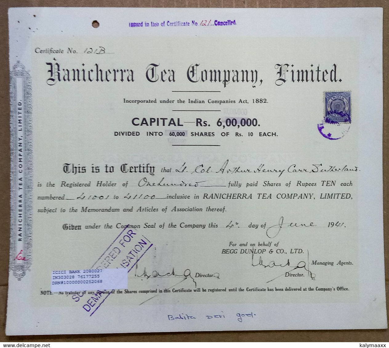 INDIA 1941 RANICHERRA TEA COMPANY LIMITED, TEA ESTATE, TEA GARDEN....SHARE CERTIFICATE - Landbouw