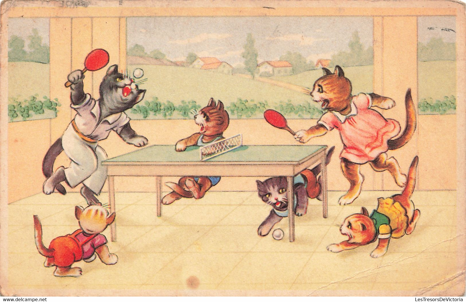 Fantaisies - Chats Déguisés Qui Jouent Au Ping Pong - Coloprint - Tampon Spécial - Colorisé - Carte Postale Ancienne - Gekleidete Tiere