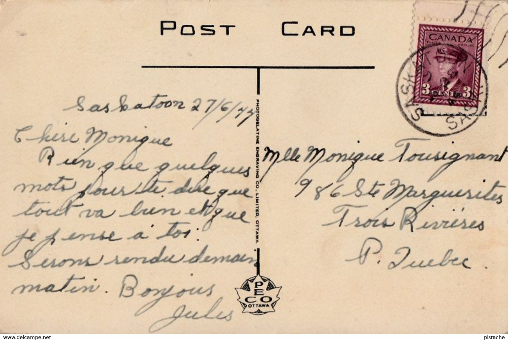 3610 – Saskatoon Saskatchewan Canada – Bessborough Hotel – Cars – Stamp Postmark 1944 – VG Condition – 2 Scans - Saskatoon