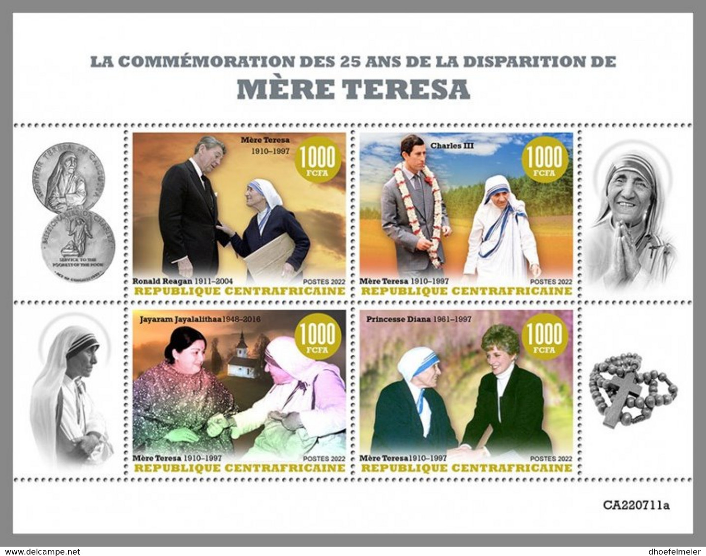 CENTRALAFRICA 2022 MNH Mother Teresa Mutter Teresa Mere Teresa  M/S - OFFICIAL ISSUE - DHQ2308 - Madre Teresa