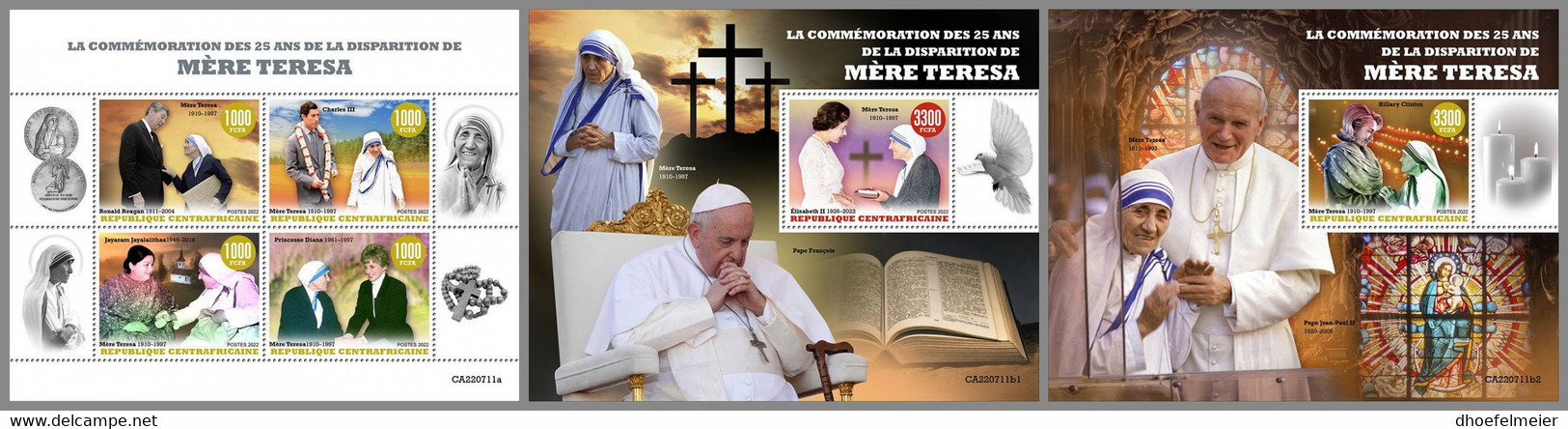 CENTRALAFRICA 2022 MNH Mother Teresa Mutter Teresa Mere Teresa M/S+2S/S - OFFICIAL ISSUE - DHQ2308 - Madre Teresa