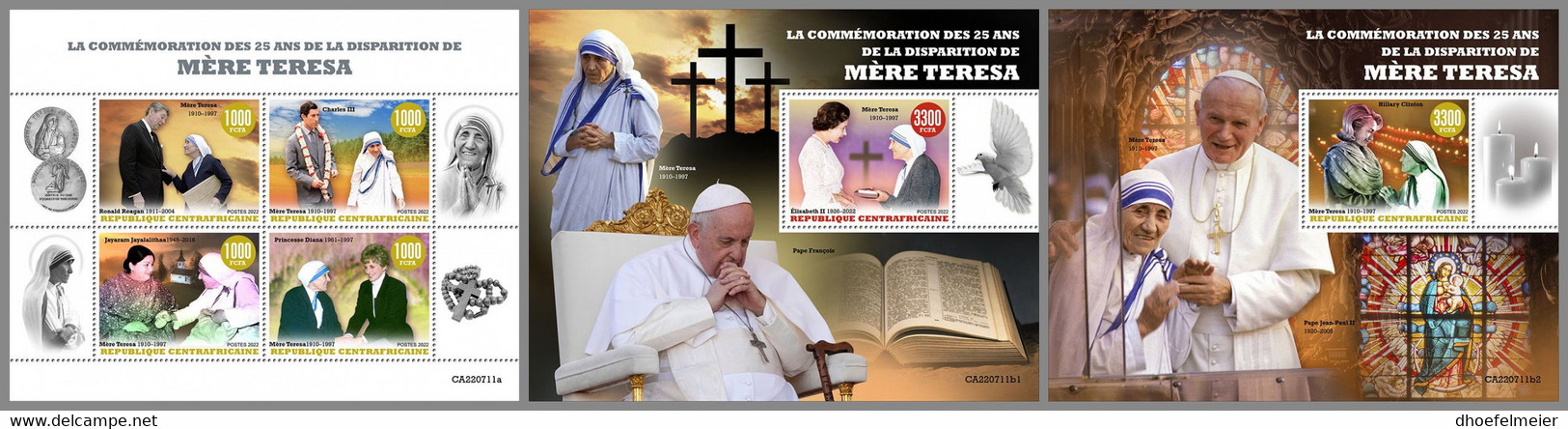 CENTRALAFRICA 2022 MNH Mother Teresa Mutter Teresa Mere Teresa M/S+2S/S - IMPERFORATED - DHQ2308 - Mother Teresa