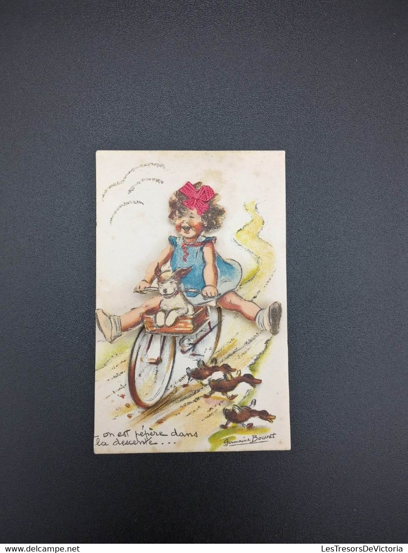 Illustrateur - G. Bouret - Fillette Découpée En Relief Sur Son Vélo - Paillettes - Colorisé - Carte Postale Ancienne - Bouret, Germaine