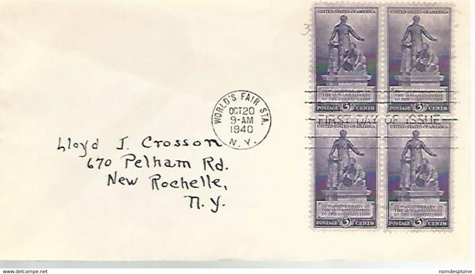 57728) USA First Day Of Issue World's Fair Sta. 1940 Postmark Cancel Block - 1851-1940