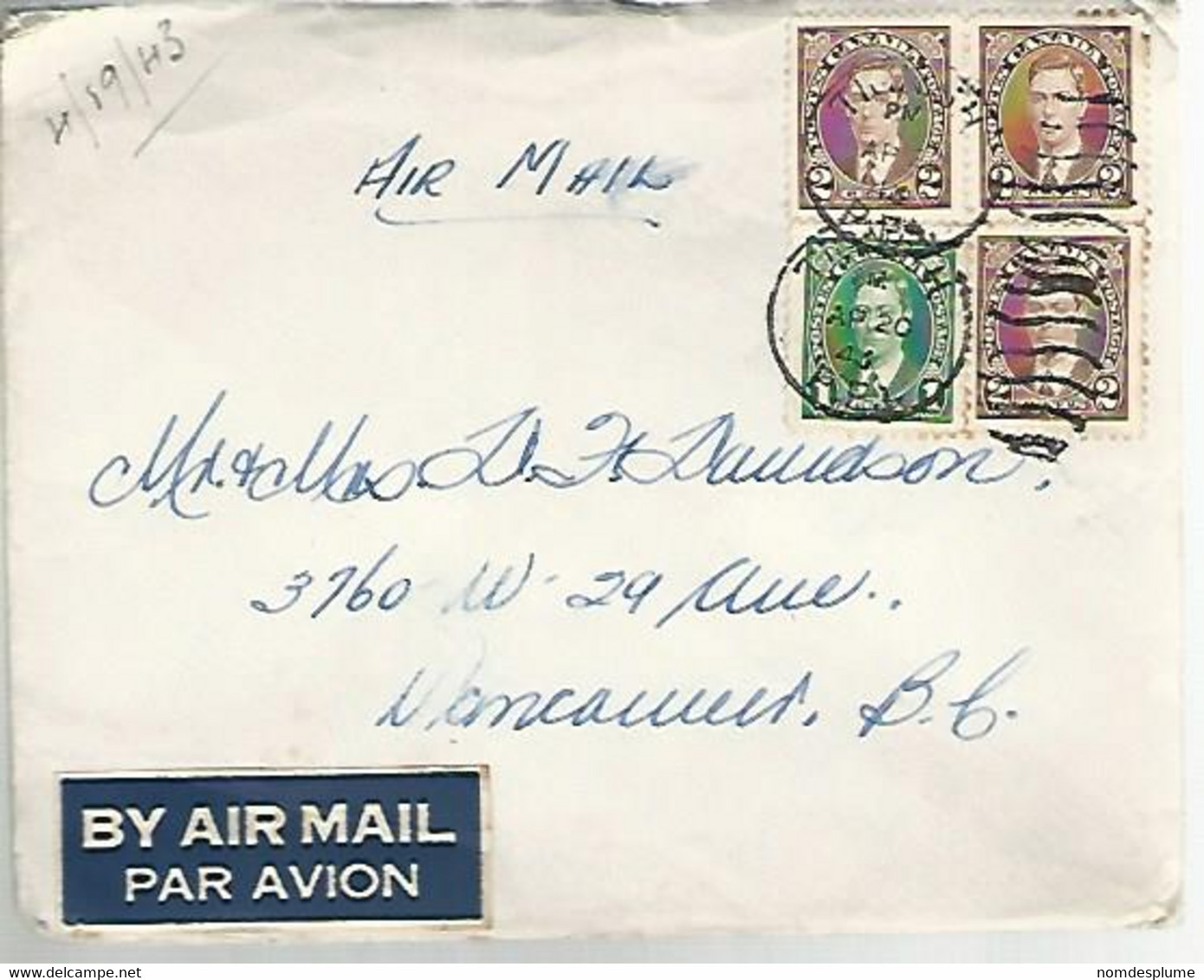 57731) Canada Airmail Military Mail R.C.A.F. 1943 Tigmish Postmark Cancel - Luftpost