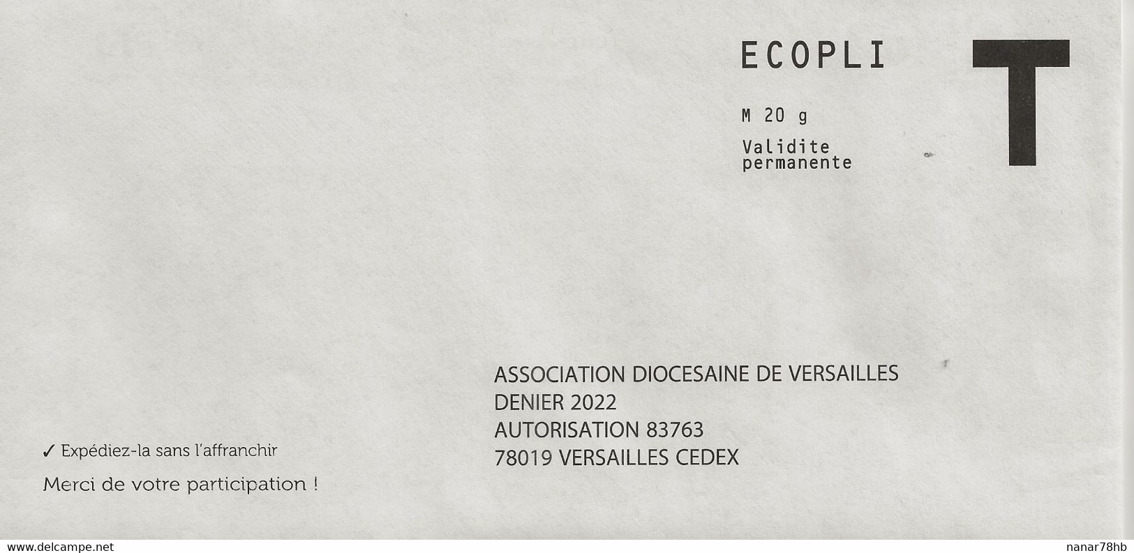 Lettre T, Eco 20g, Association Diocesaine De Versailles - Cards/T Return Covers