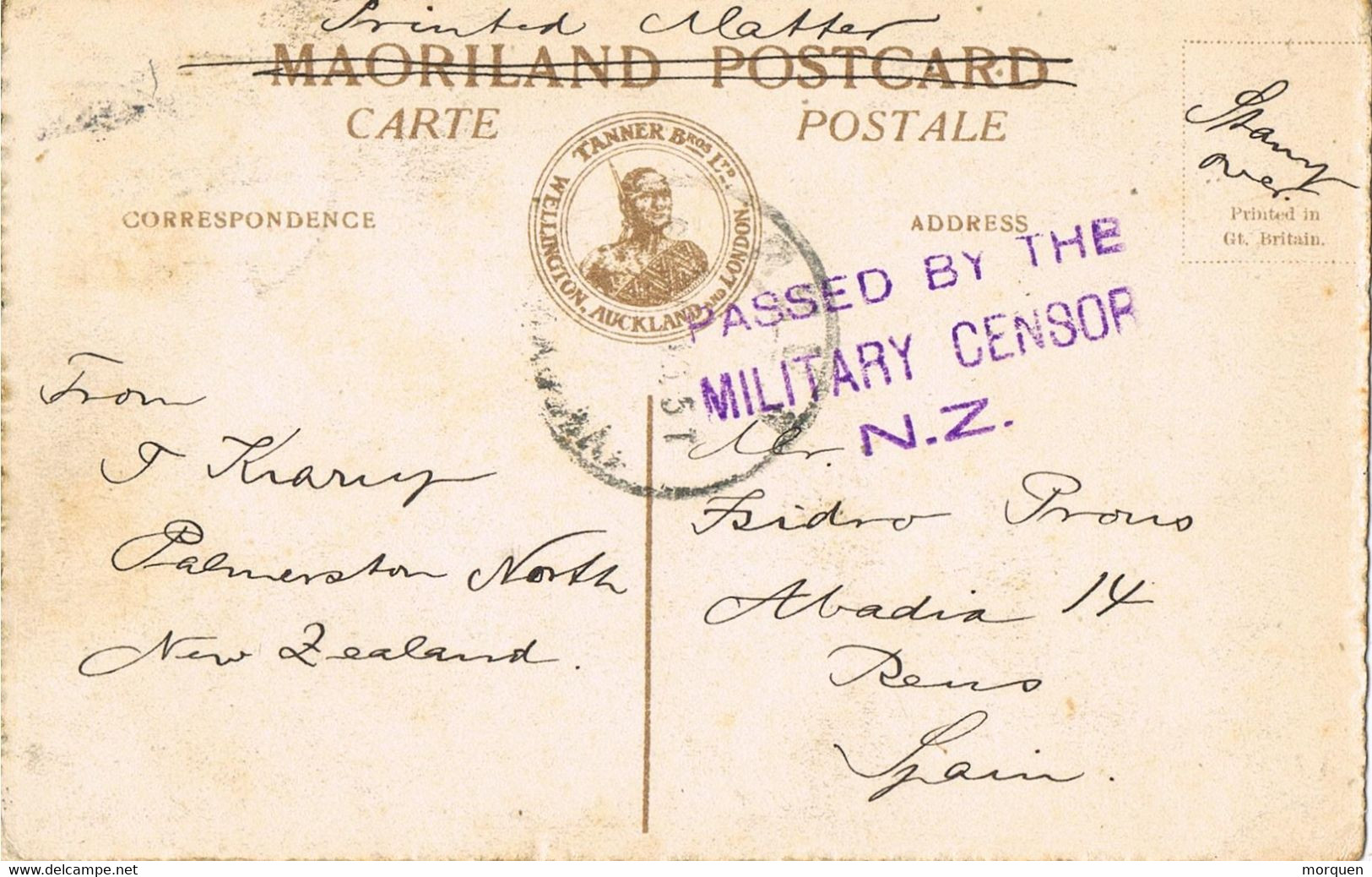 48920. Postal PALMERSTOWN (New Zealkand) 1916. Natives MAORIS. CENSOR Military N.Z. - Covers & Documents