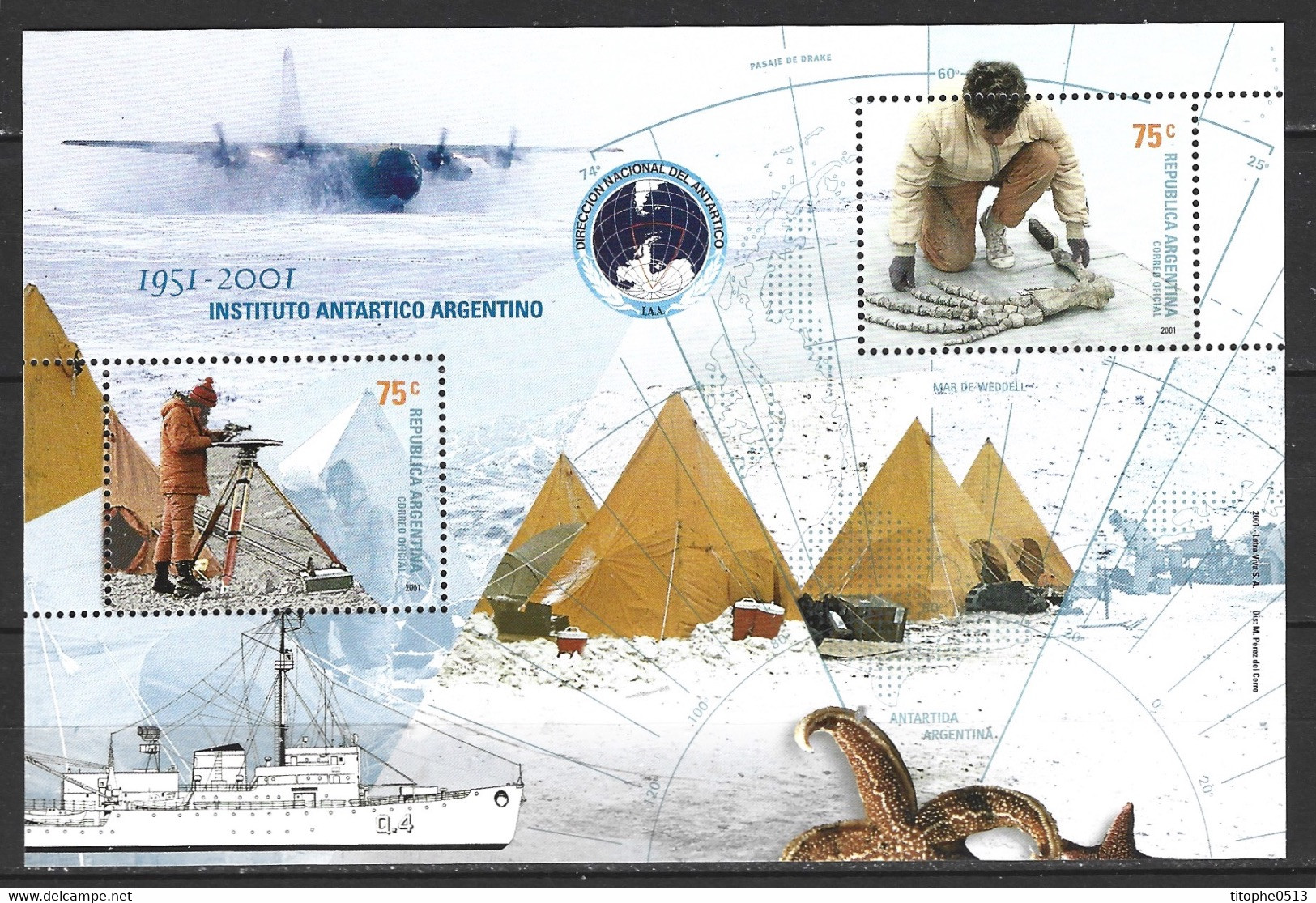 ARGENTINE. BF 75 De 2001. Institut Antarctique Argentin/Théodolite/Dinosaure. - Onderzoeksprogramma's