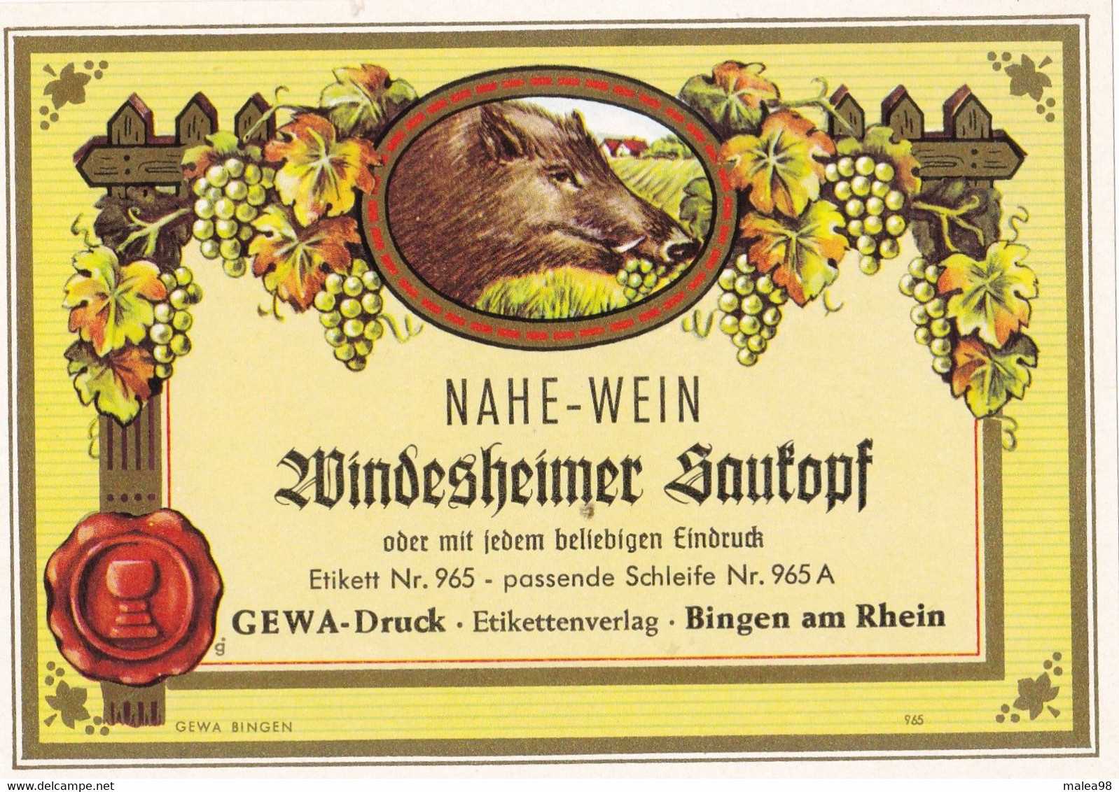 ETIQUETTE NEUVE  DES VINS DU RHIN  Des Annees 1985 ,,,THEME,,, Sanglier  Chasse ,,TBE - Jagd