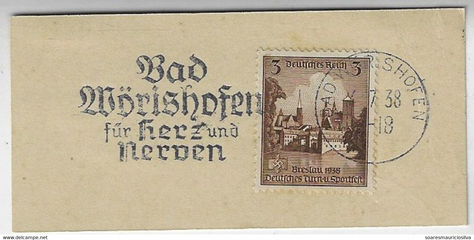 Germany 1938 Fragment Stamp Breslau 3 Pf Slogan Cancel "Bad Wörishofen for Heart And Nerves" Hydrotherapy Health - Kuurwezen