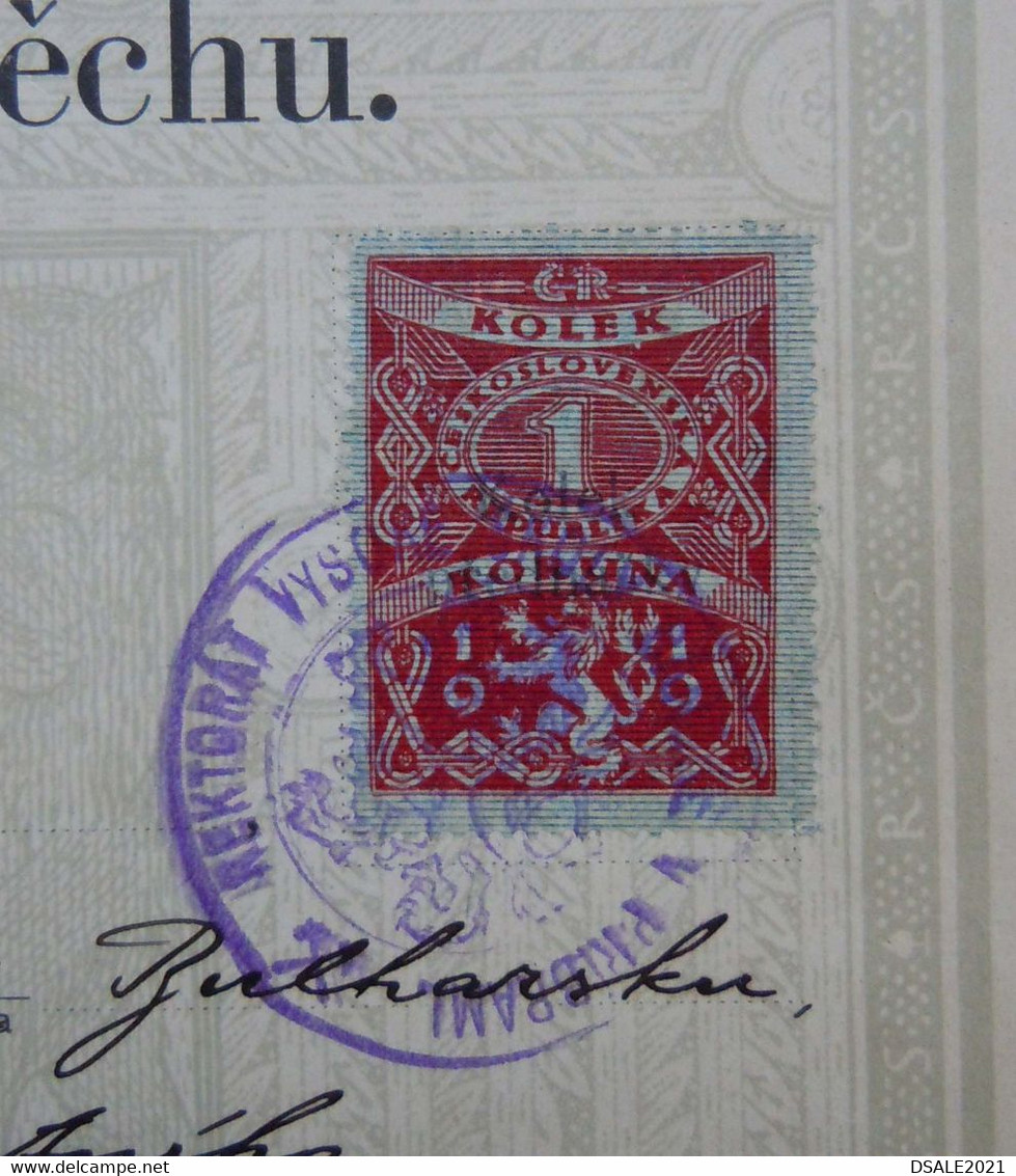Czech Czechoslovakia Vysoká škola Báňská V Příbram 1934 School Document Fiscal Revenue Stamp 1Koruna Timbre Fiscal 11202 - Sellos De Servicio