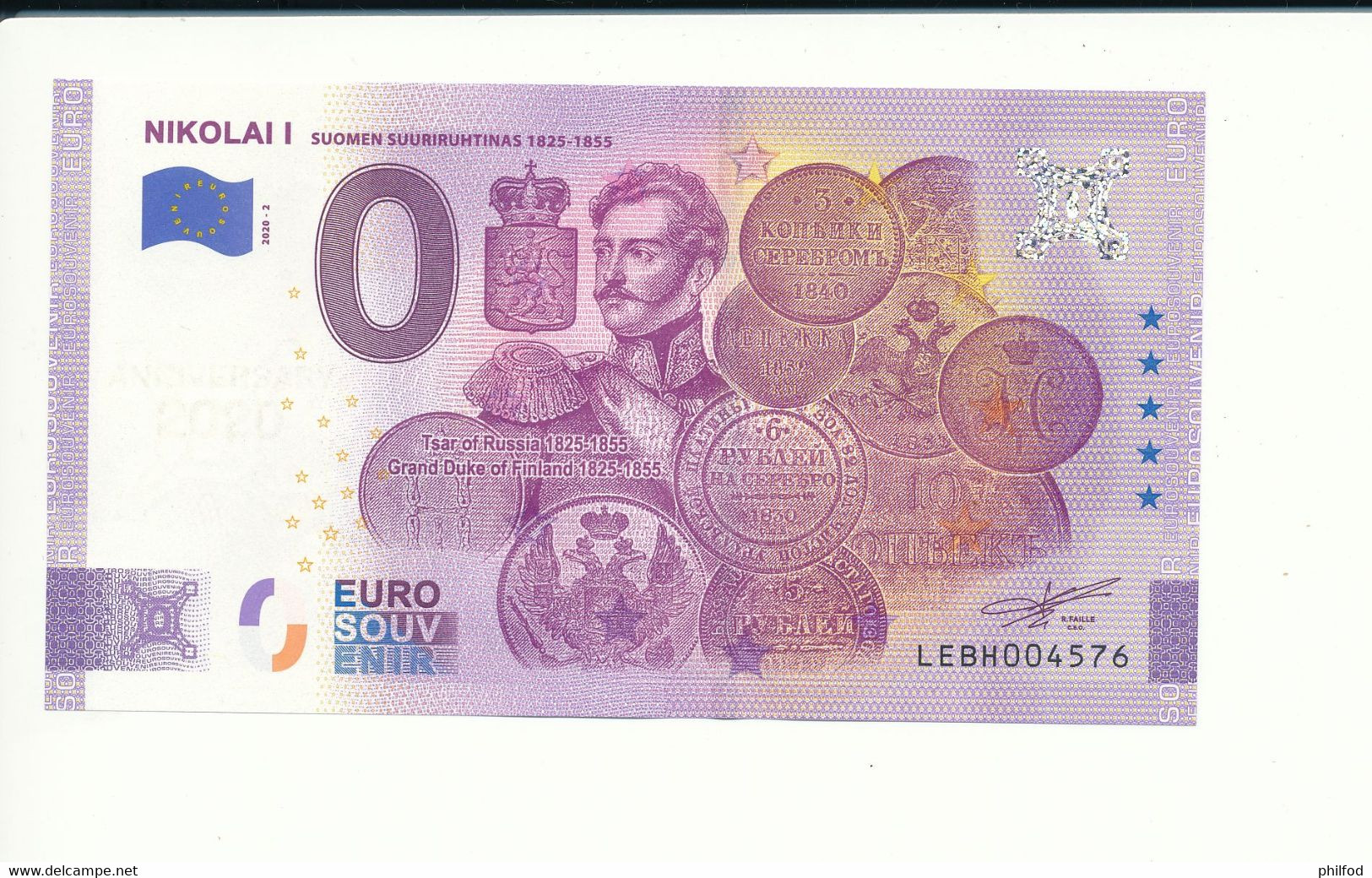 Billet Touristique 0 Euro - NIKOLAI I SUOMEN SUURIRUHTINAS 1825-1855 - LEBH - 2020-2 - ANNIV - N° 4576 - Autres & Non Classés