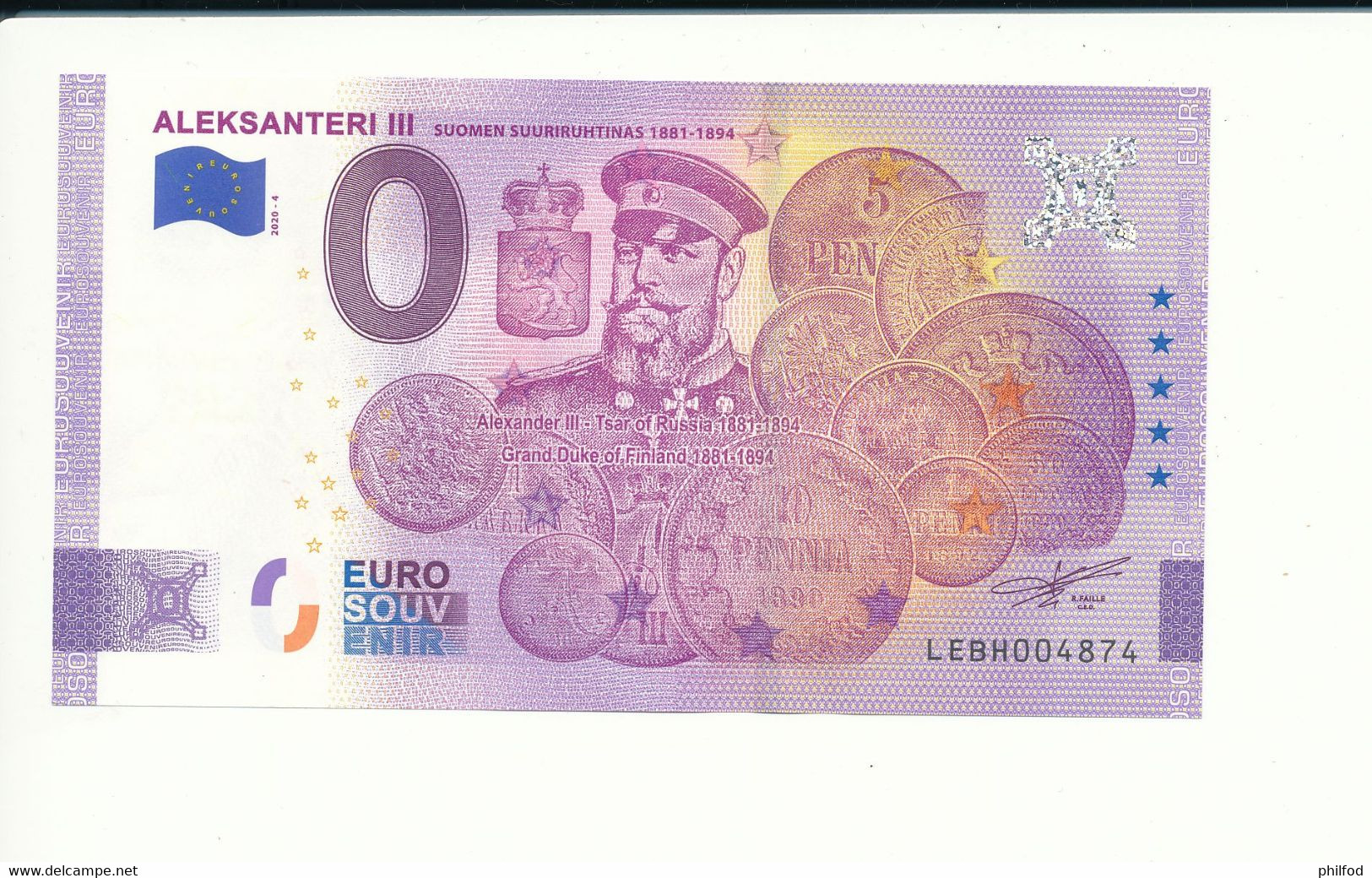 Billet Touristique 0 Euro - ALEKSANTERI III - LEBH - 2020-4 - ANNIV - N° 4874 - Autres & Non Classés