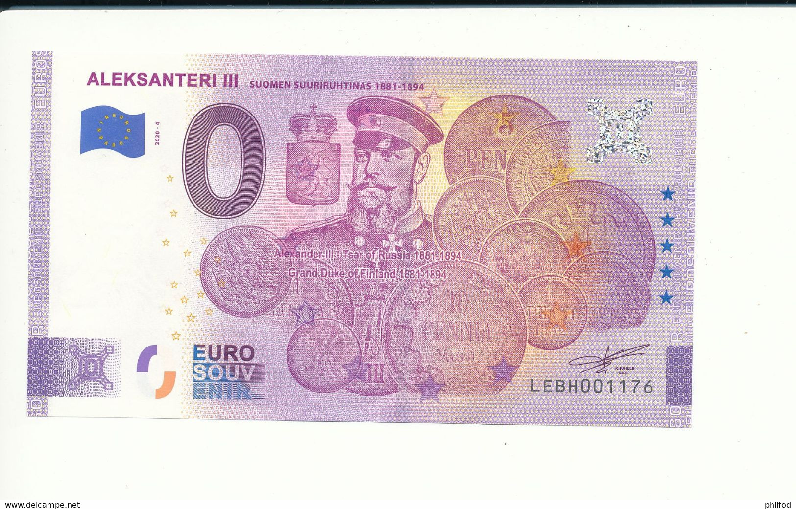 Billet Touristique 0 Euro - ALEKSANTERI III  - LEBH - 2020-4 - N° 1176 - Autres & Non Classés