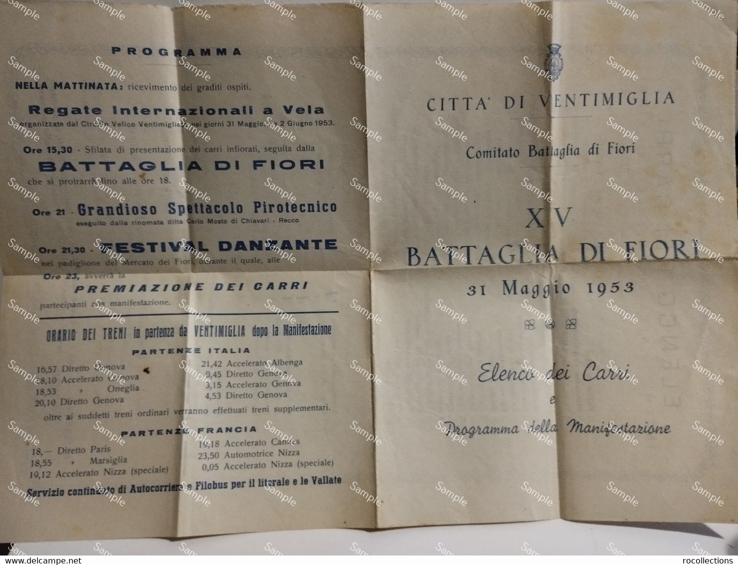 Italy Italia PROGRAMMA  Elenco Dei Carri VENTIMIGLIA XV Battaglia Di Fiori 31 Maggio 1953 - Programmes