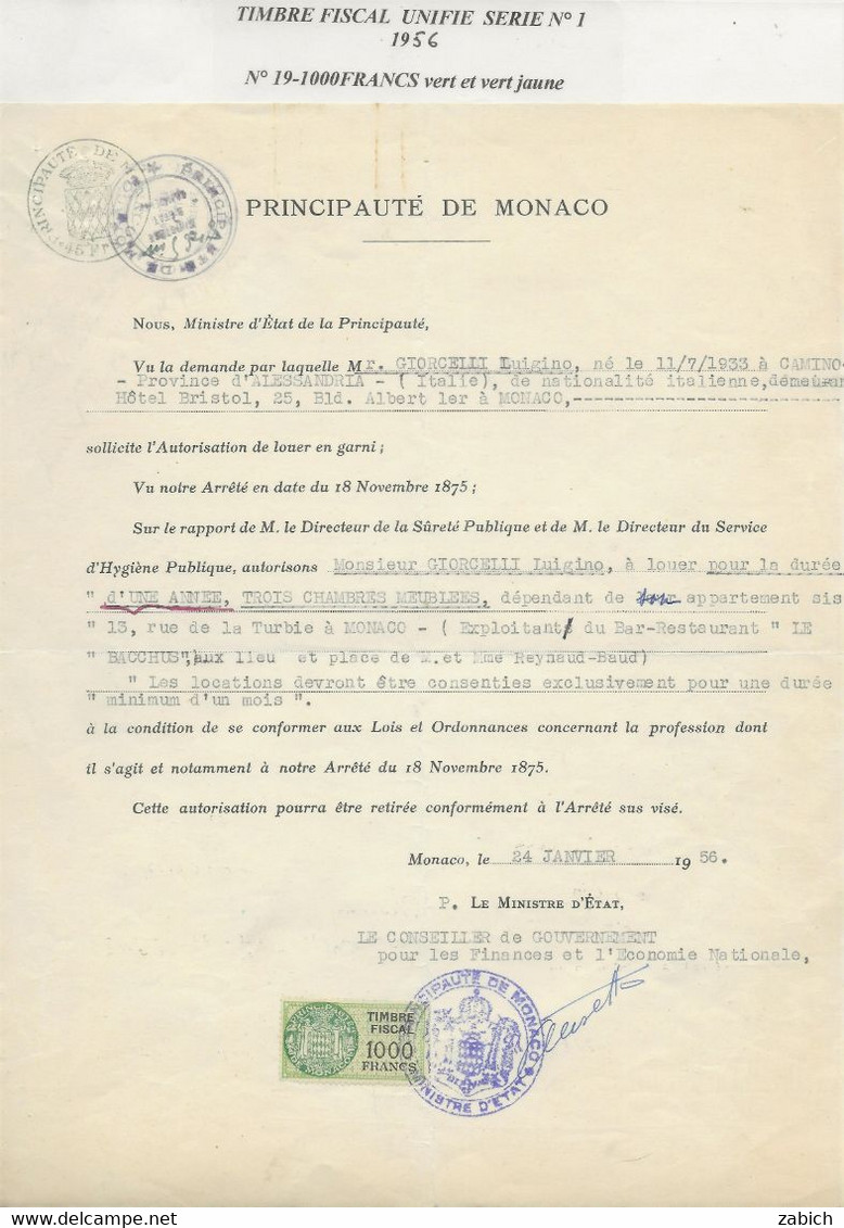 TIMBRES FISCAUX DE MONACO SERIE UNIFIEE  N°19  1000F Vert Sur Papier Timbre 45 FR Du 24 Janvier 1956 - Revenue