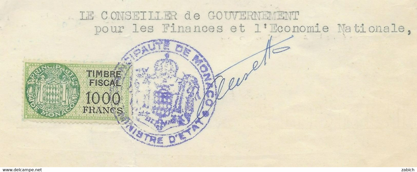 TIMBRES FISCAUX DE MONACO SERIE UNIFIEE  N°19  1000F Vert Sur Papier Timbre 45 FR Du 24 Janvier 1956 - Steuermarken