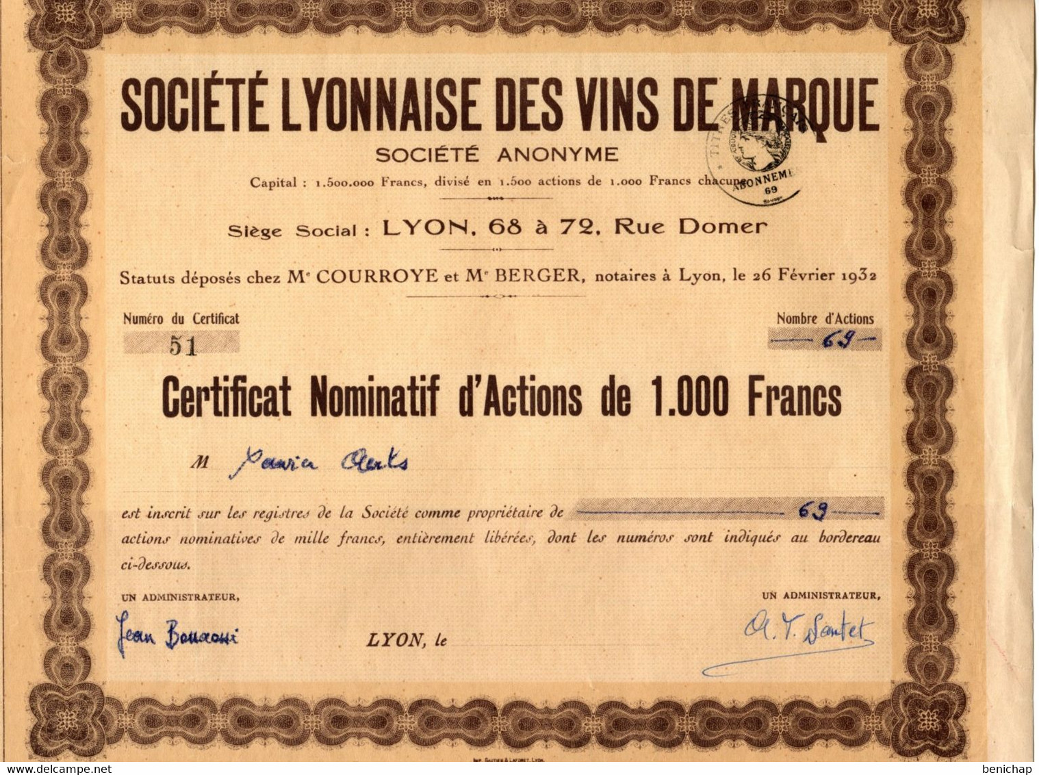 Société Lyonnaise Des Vins De Marque S.A. - Certificat Nominatif D'Actions De 1000 Frs. - Lyon Février 1932. - Agricultura