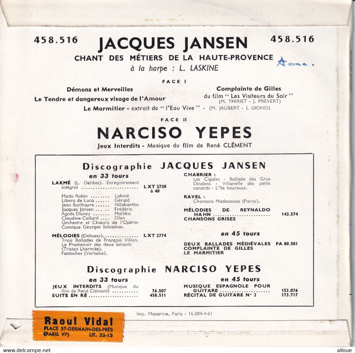 JACQUES JANSEN CHANT DES METIERS DE LA HAUTE-PROVENCE - NARCISO YEPES  - JEUX INTERDITS -  FR EP - Clásica