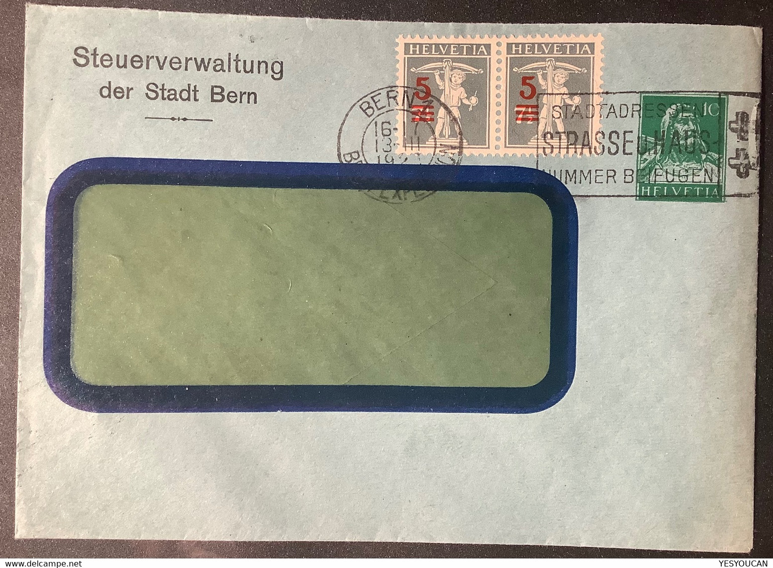 Schweiz ZNr 148II SELTENE FRANKATUR Auf Privat-Ganzsache STEUERVERWALTUNG BERN 1921 10 Rp Grün Tellbrustbild (Brief - Enteros Postales