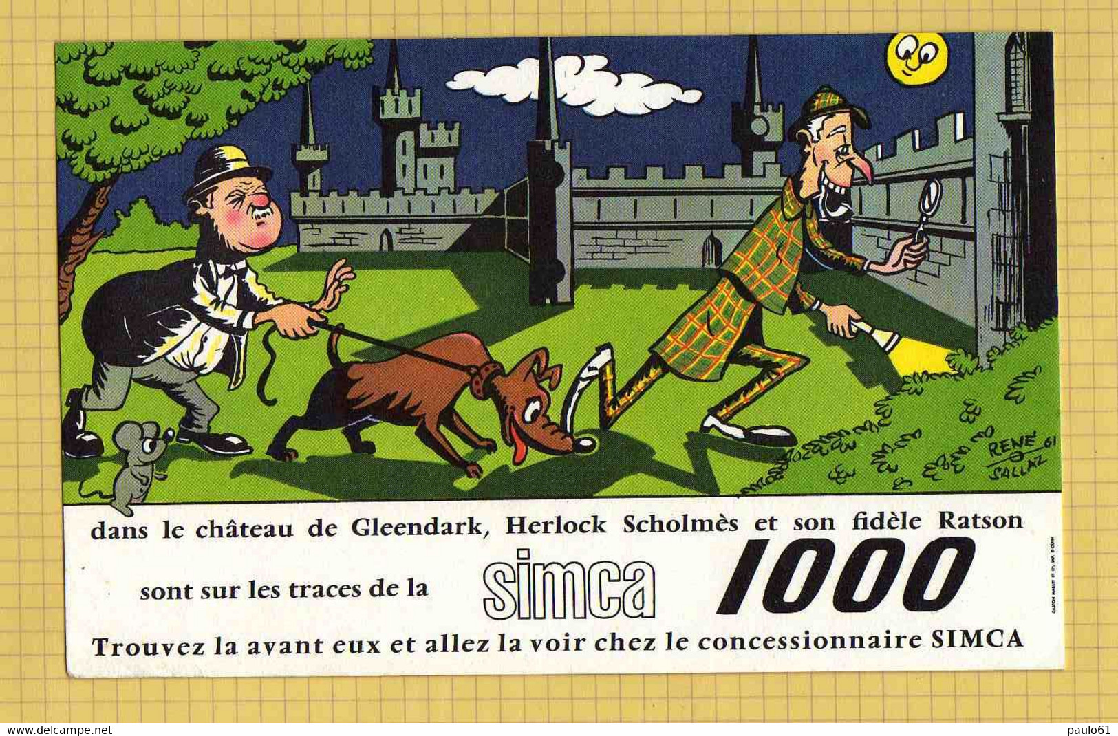 BUVARD : SIMCA 1000 Dans Le Chateau De Gleendark  Herlock Scholmes  Signé Rene Sallaz - Automotive