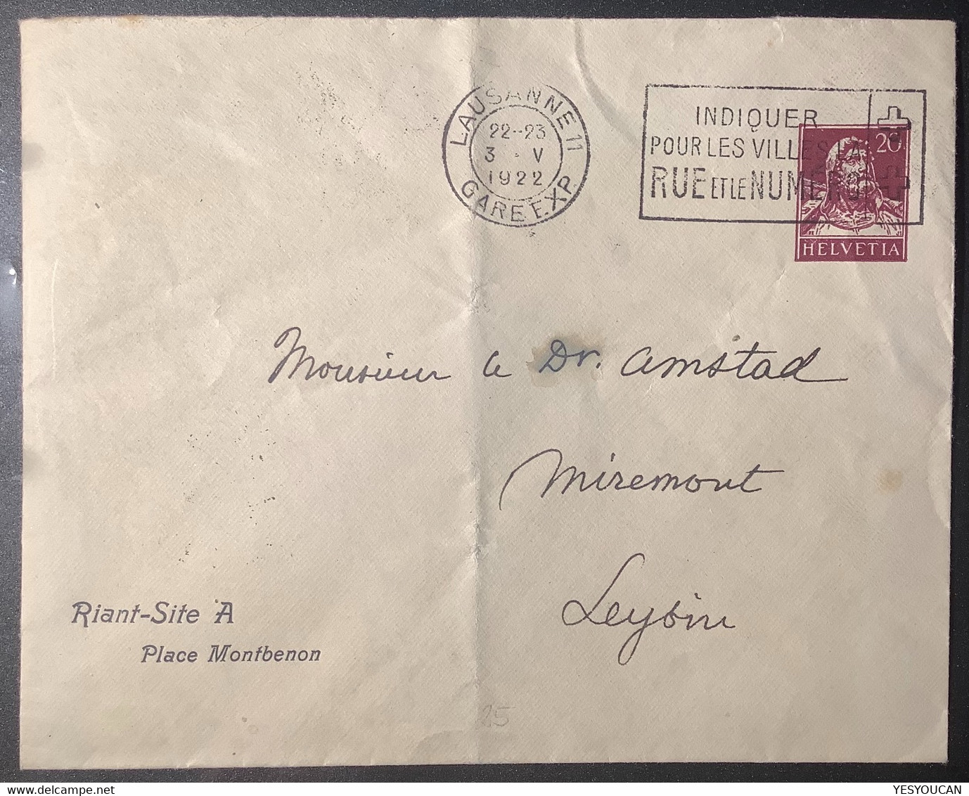 Schweiz RRR ! BISHER UNBEKANNTE Privat-Ganzsache 20Rp Tellbrustbild#154 "RIANT-SITE A/PLACE MONTBENON" LAUSANNE 1922 - Stamped Stationery