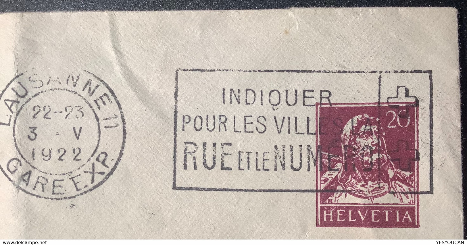 Schweiz RRR ! BISHER UNBEKANNTE Privat-Ganzsache 20Rp Tellbrustbild#154 "RIANT-SITE A/PLACE MONTBENON" LAUSANNE 1922 - Postwaardestukken