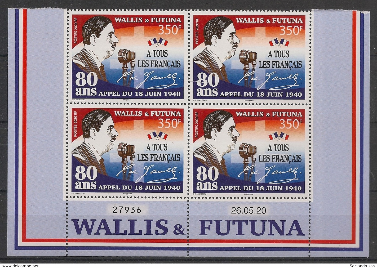 WALLIS ET FUTUNA - 2020 - N°Yv. 928 - De Gaulle - Bloc De 4 Coin Daté - Neuf Luxe ** / MNH / Postfrisch - Nuovi