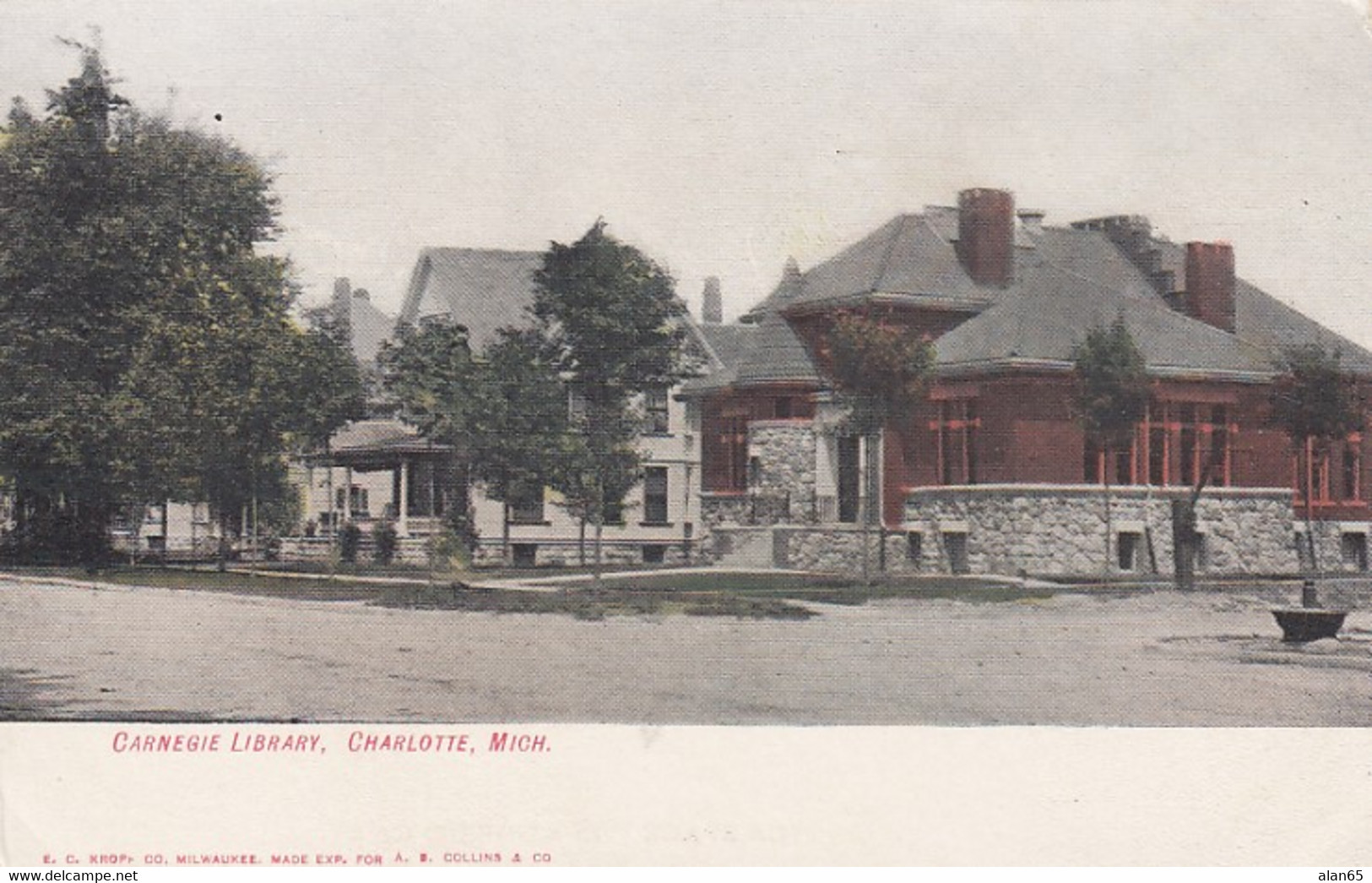 Charlotte Michgan, Carnegie Public Library Building Architecture, C1900s Vintage Postcard - Biblioteche