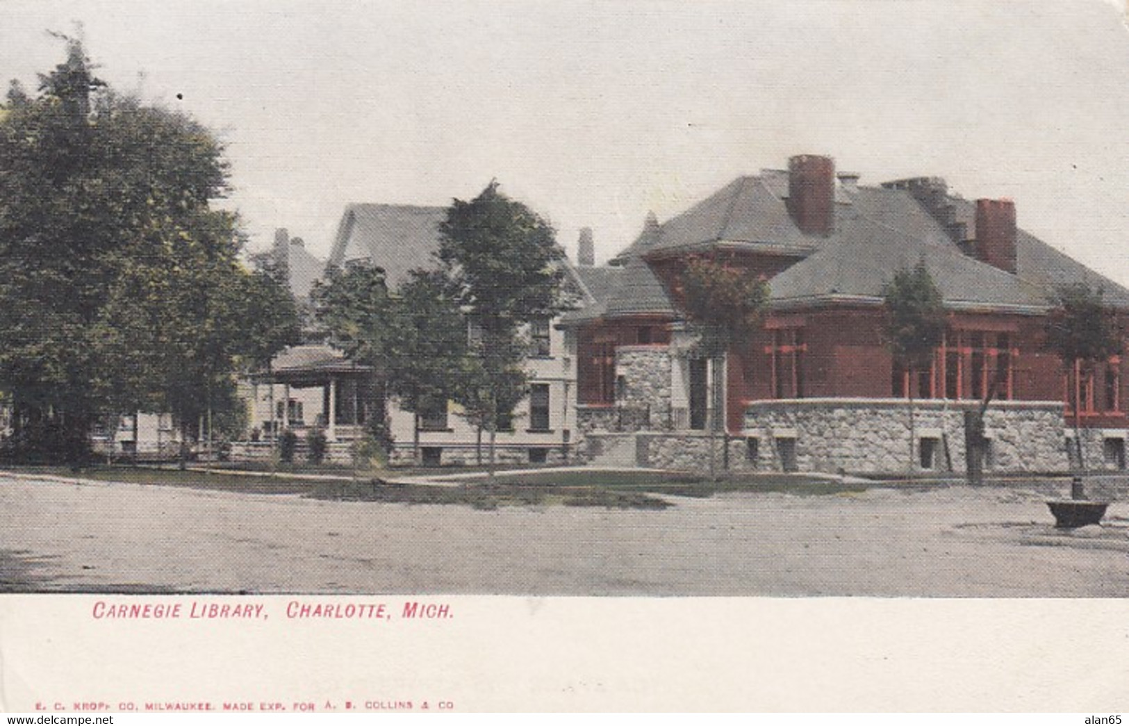 Charlotte Michgan, Carnegie Public Library Building Architecture, C1900s Vintage Postcard - Bibliotheken
